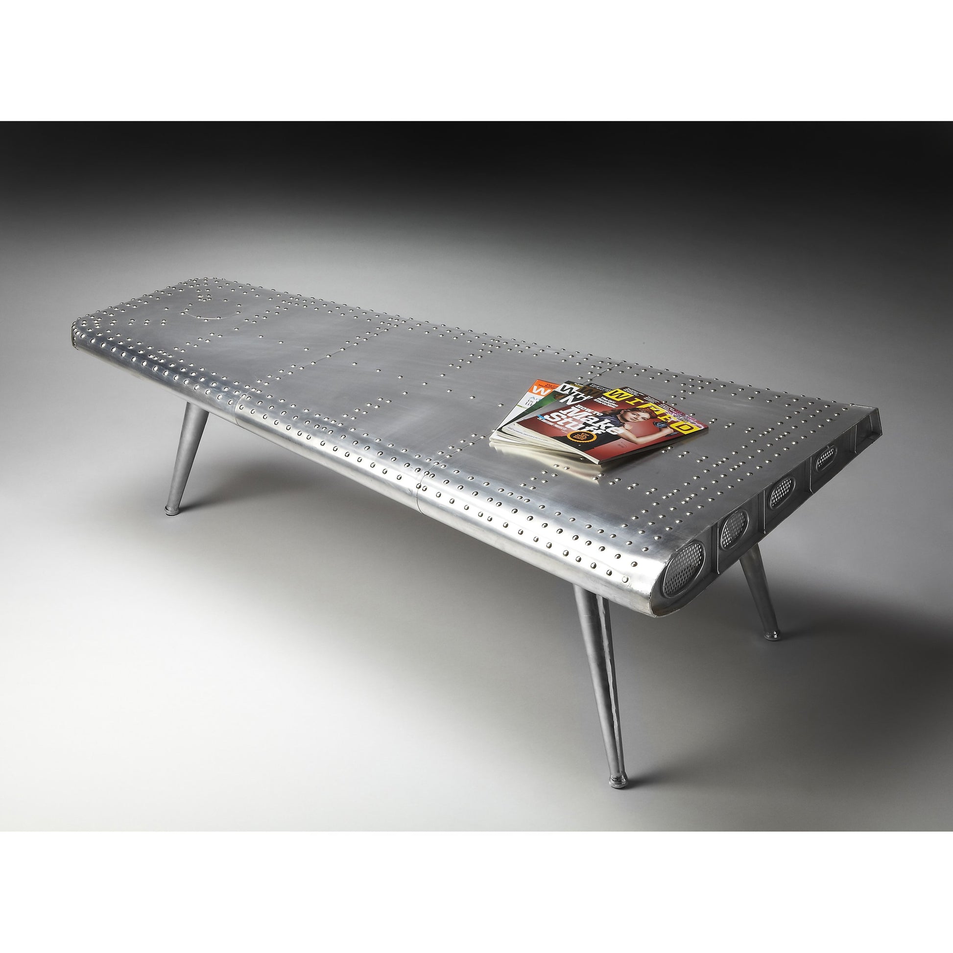 Midway Aviator Cocktail Table by Butler Specialty Company in silver and metalworks. Made from iron, mdf, wood solids in a modern style.