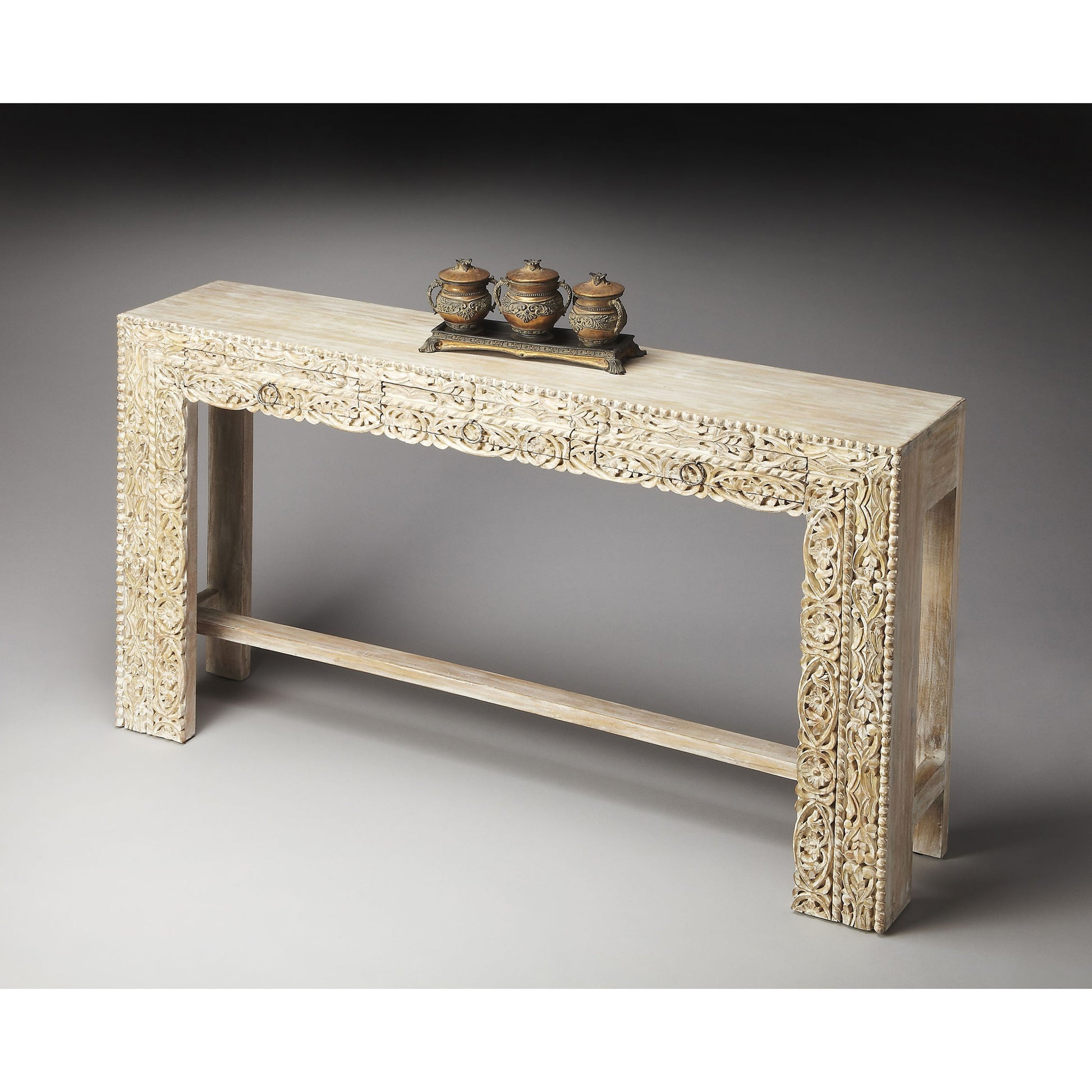 Janta Console Table by Butler Specialty Company in white and whitewashed. Made from recycled mango wood solids in a eclectic & global style.