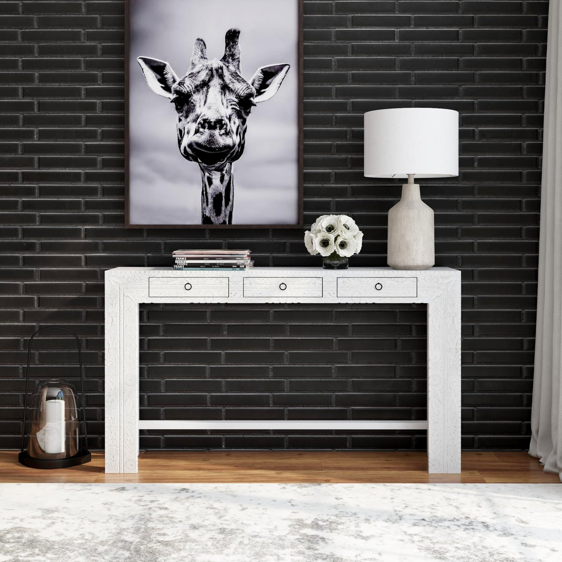 Janta Console Table by Butler Specialty Company in white and whitewashed. Made from recycled mango wood solids in a eclectic & global style.