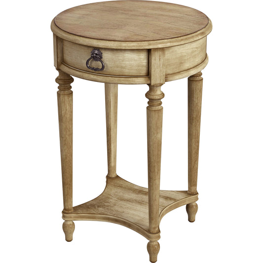 Jules 1 Drawer Round End Table by Butler Specialty Company in beige and antique beige. Made from wood solids, cherry veneers in a traditional style.