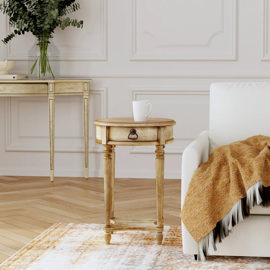Jules 1 Drawer Round End Table by Butler Specialty Company in beige and antique beige. Made from wood solids, cherry veneers in a traditional style.