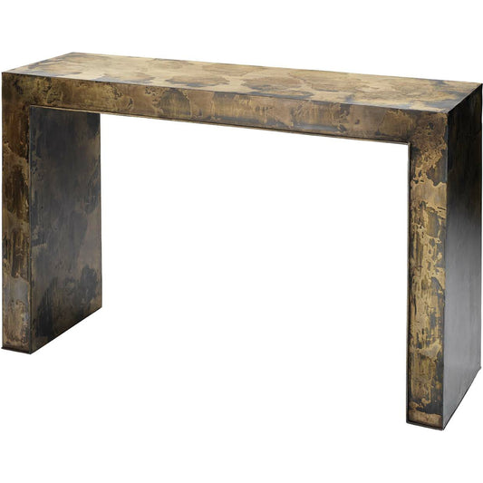 Charlemagne Console Table by Jamie Young in acid washed metal. Made from iron sheet in a eclectic & global style.