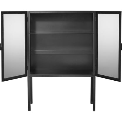 Chauncey Curio Bar Cabinet by Jamie Young in black iron, clear glass. Made from iron, glass in a modern style.