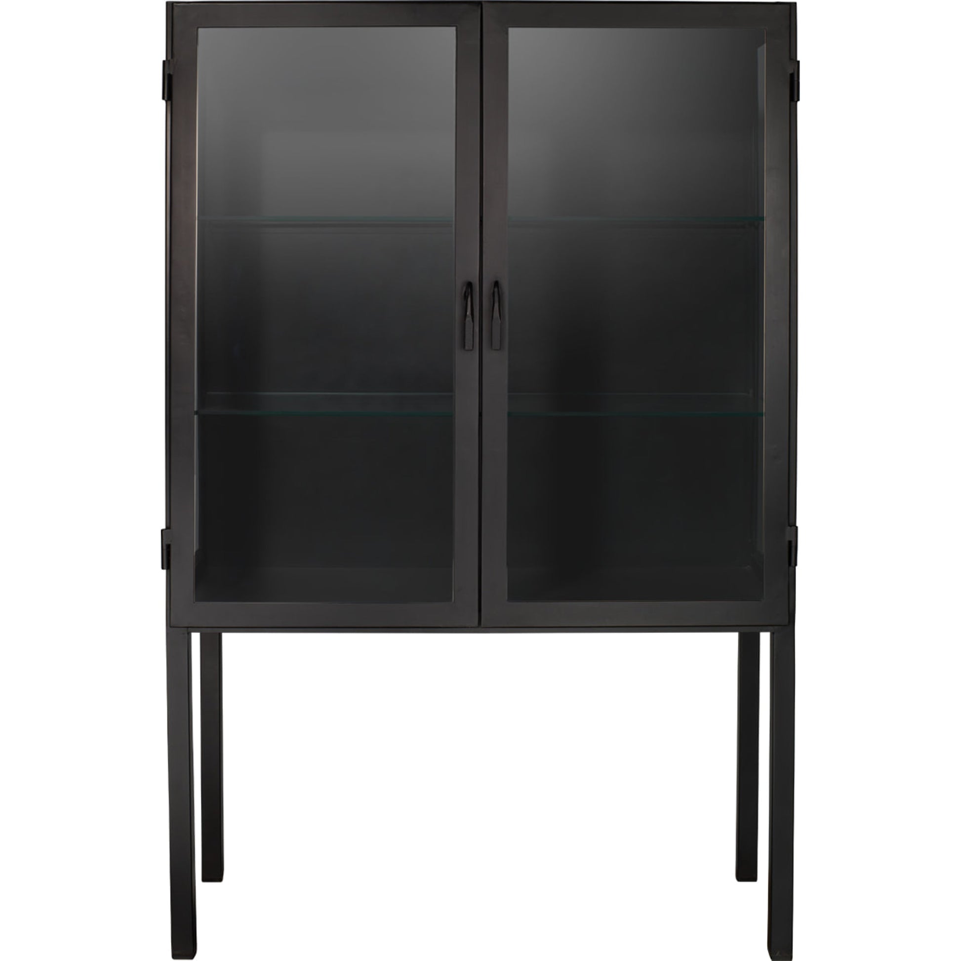 Chauncey Curio Bar Cabinet by Jamie Young in black iron, clear glass. Made from iron, glass in a modern style.