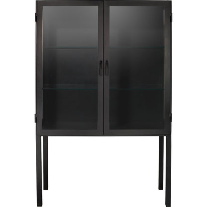 Chauncey Curio Bar Cabinet by Jamie Young in black iron, clear glass. Made from iron, glass in a modern style.