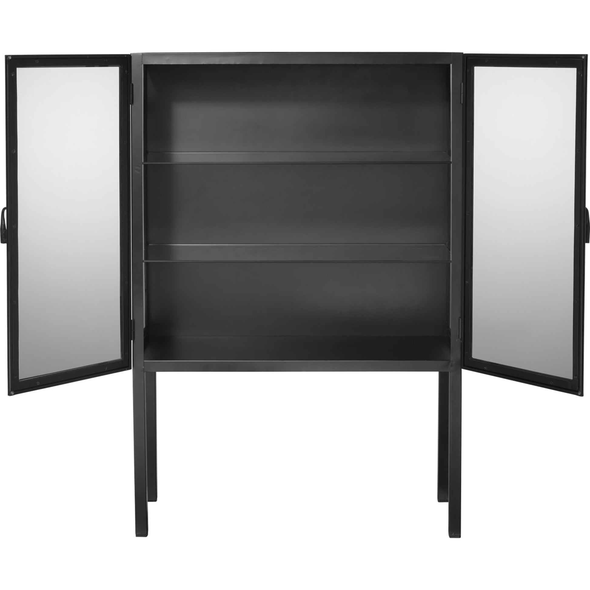Chauncey Curio Bar Cabinet by Jamie Young in black iron, clear glass. Made from iron, glass in a modern style.