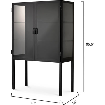 Chauncey Curio Bar Cabinet by Jamie Young in black iron, clear glass. Made from iron, glass in a modern style.