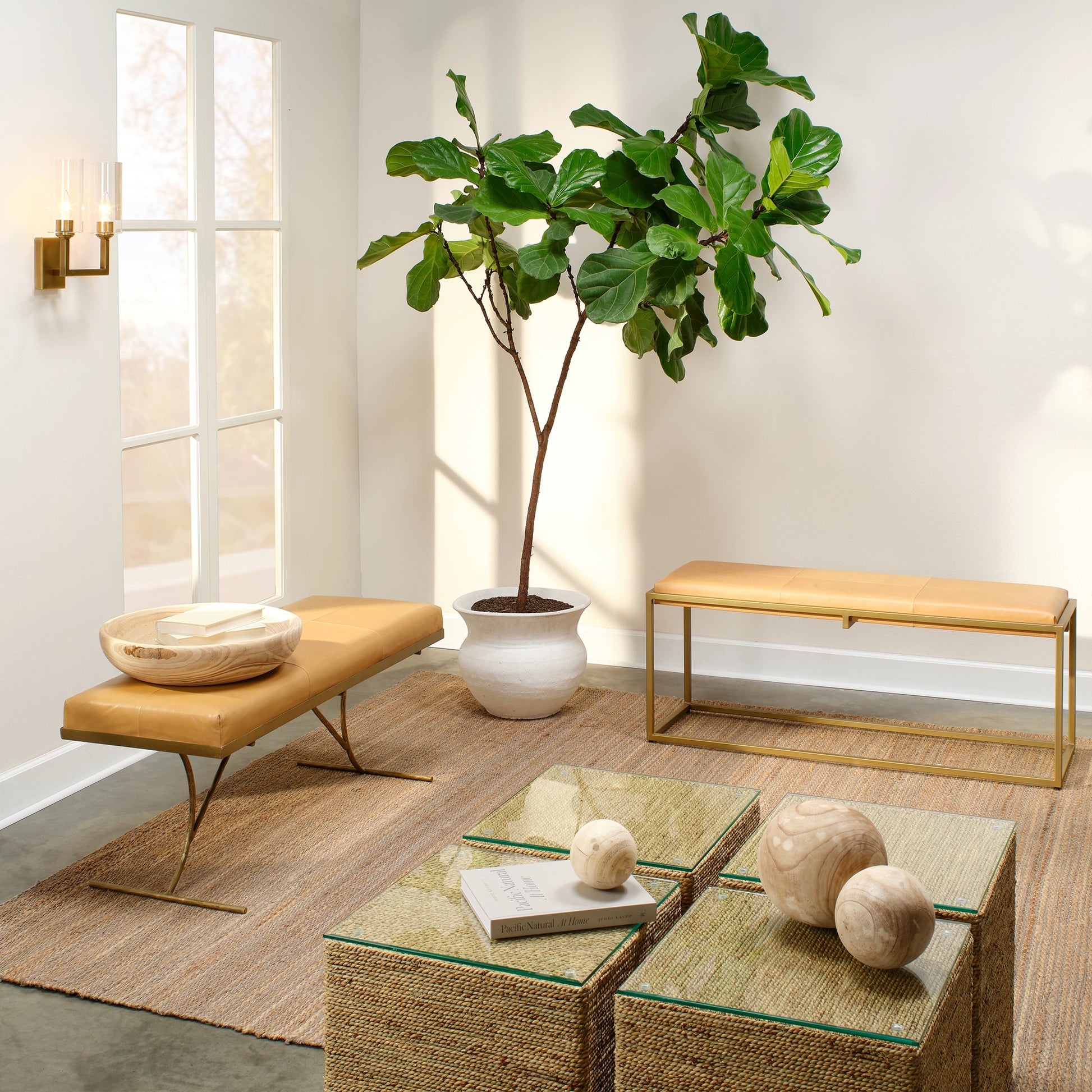 Kai Bench by Jamie Young in grey hide, black iron. Made from leather & iron in a modern style.