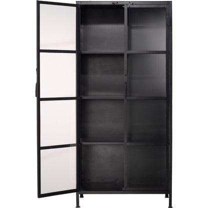 Union Curio Cabinet by Jamie Young in black iron, clear glass. Made from iron, glass in a modern style.