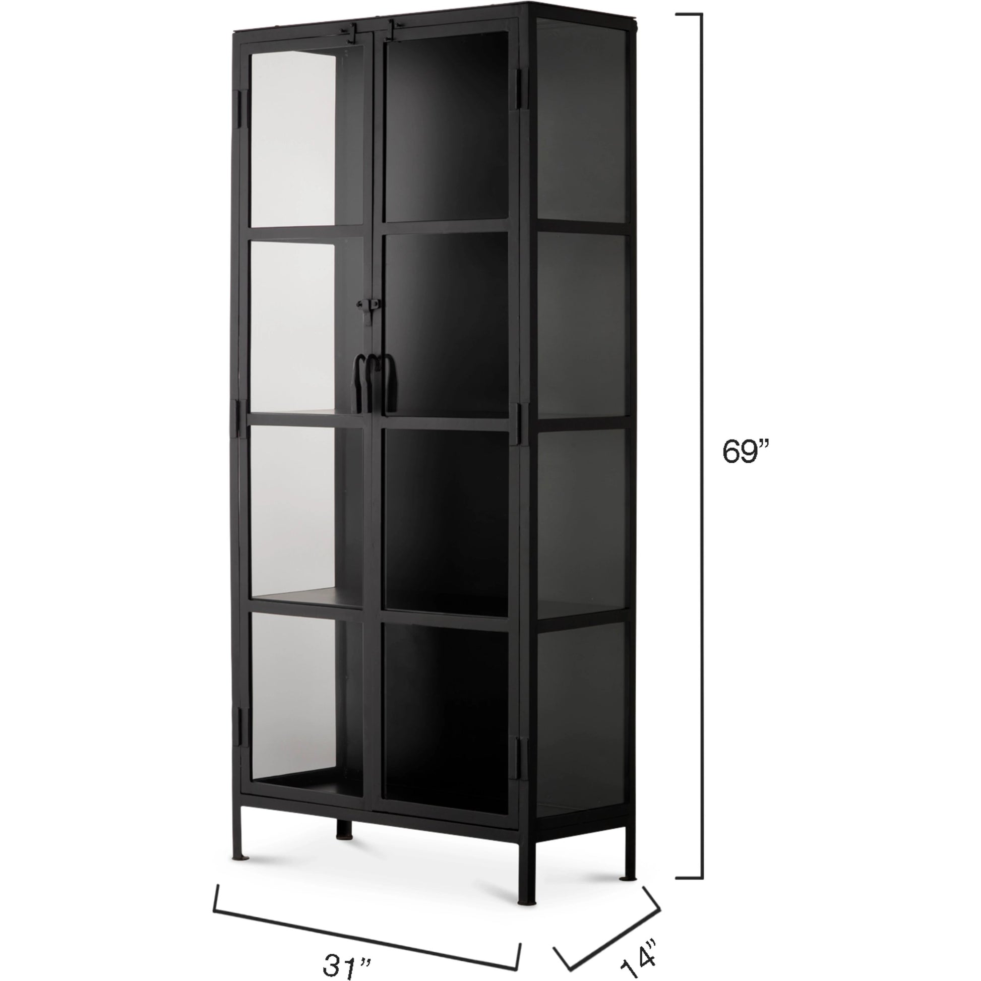 Union Curio Cabinet by Jamie Young in black iron, clear glass. Made from iron, glass in a modern style.