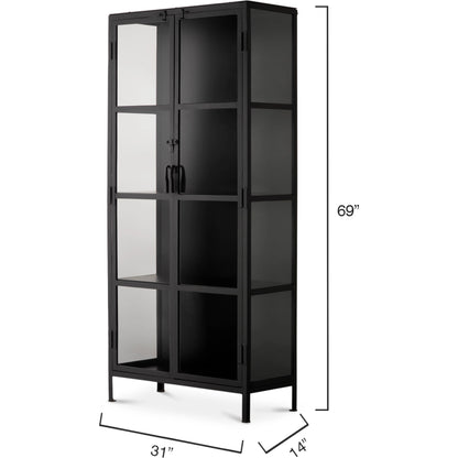 Union Curio Cabinet by Jamie Young in black iron, clear glass. Made from iron, glass in a modern style.