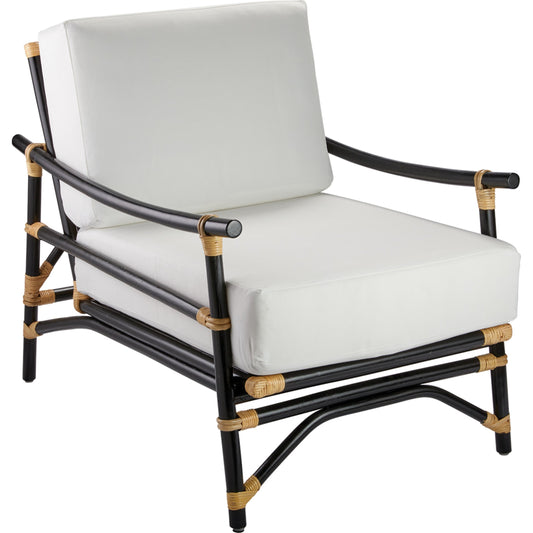 Xanadu Lounge Chair by Jamie Young in black, cream rattan with off white cushion. Made from rattan, rattan peel, fabric in a coastal style.