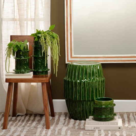Algae Stool by Jamie Young in green. Made from ceramic in a unique style.