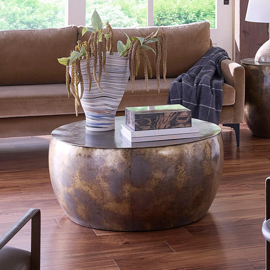 Aphrodite Coffee Table by Jamie Young in antique brass and antique brass, silver patina. Made from iron in a unique style.