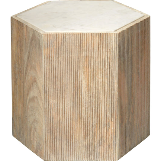 Argan Hexagon Table by Jamie Young in natural wood, white marble. Made from mango wood, marble in a coastal style.