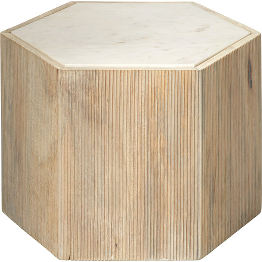 Argan Hexagon Table by Jamie Young in natural wood, white marble. Made from mango wood, marble in a coastal style.