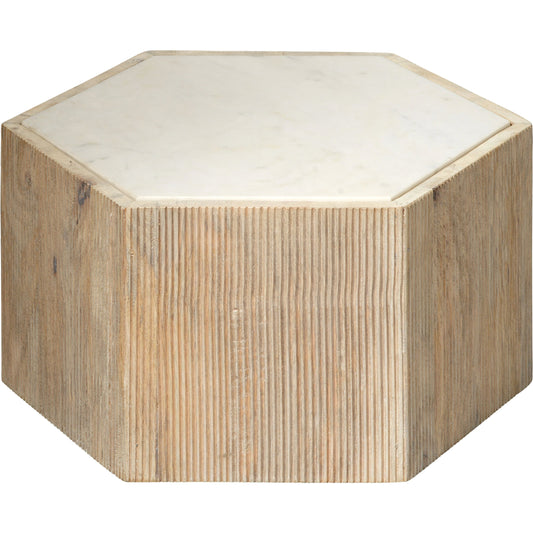 Argan Hexagon Table by Jamie Young in natural wood, white marble. Made from mango wood, marble in a coastal style.