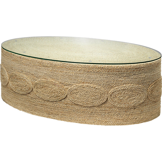 Barbados Oval Coffee Table by Jamie Young in off-white. Made from corn straw rope with tempered glass in a coastal style.