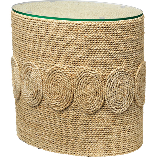 Barbados Oval Side Table by Jamie Young in off-white. Made from corn straw rope with tempered glass in a coastal style.