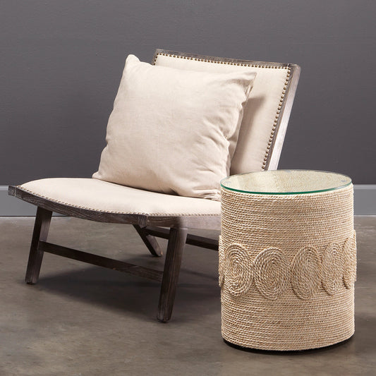 Barbados Oval Side Table by Jamie Young in off-white. Made from corn straw rope with tempered glass in a coastal style.