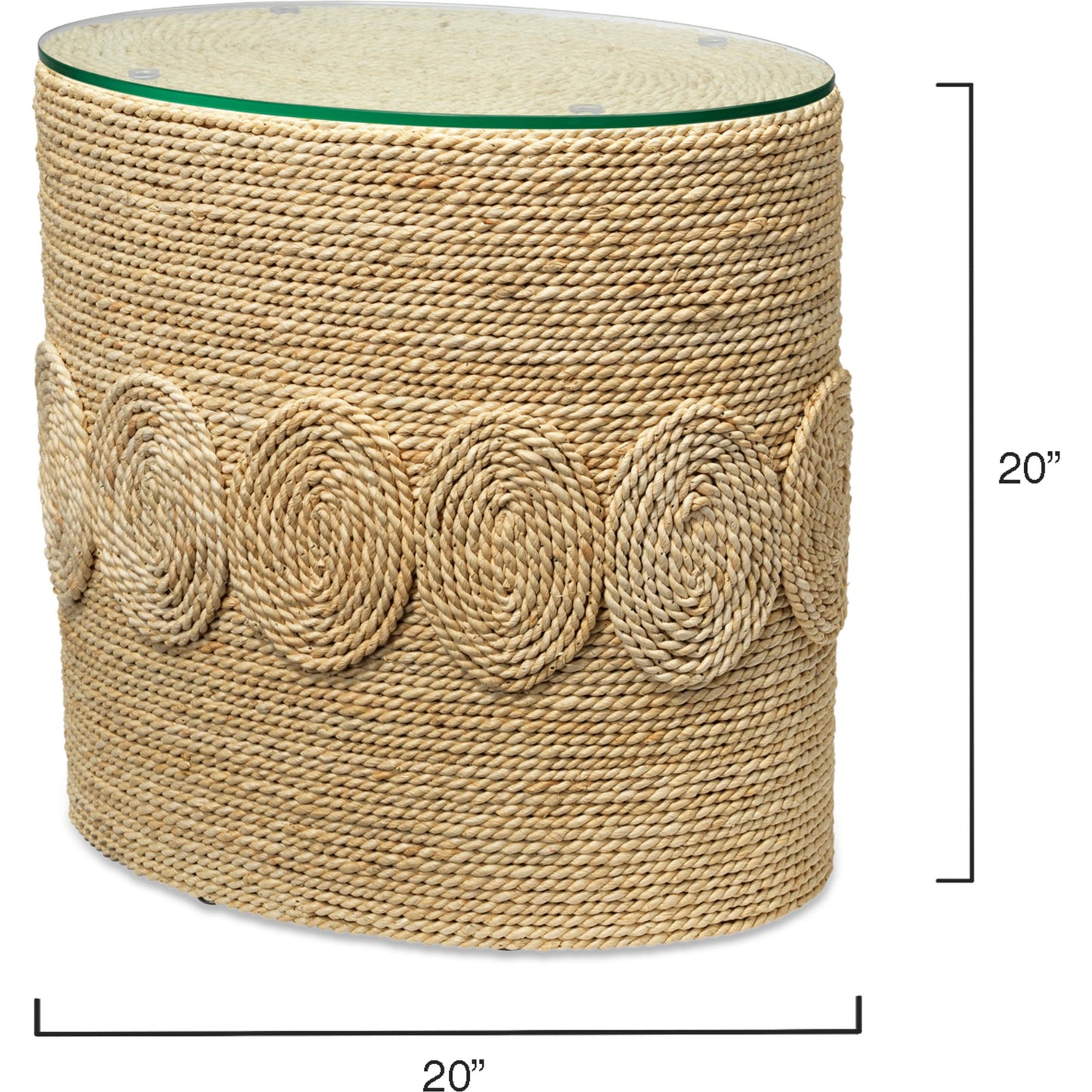 002 SR-912939 | Additional Silo | Barbados Oval Side Table by Jamie Young in off-white. Made from corn straw rope with tempered glass in a coastal style.