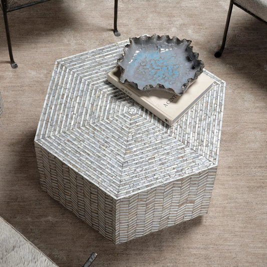 Brando Hexagon Coffee Table by Jamie Young in grey and mixed grey, white mother of pearl. Made from mother of pearl, acrylic, mdf in a unique style.