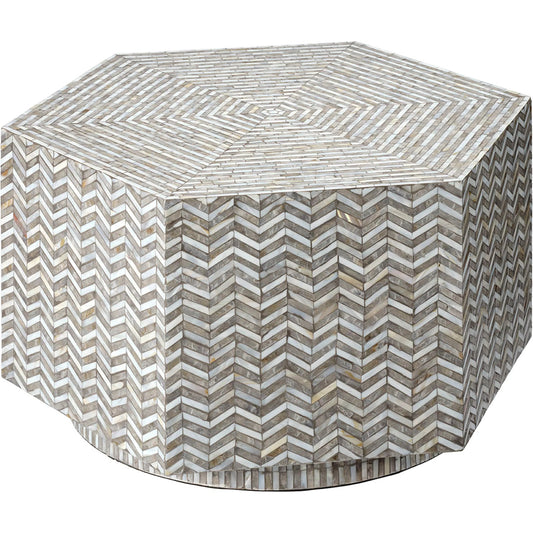 Brando Hexagon Coffee Table by Jamie Young in grey and mixed grey, white mother of pearl. Made from mother of pearl, acrylic, mdf in a unique style.