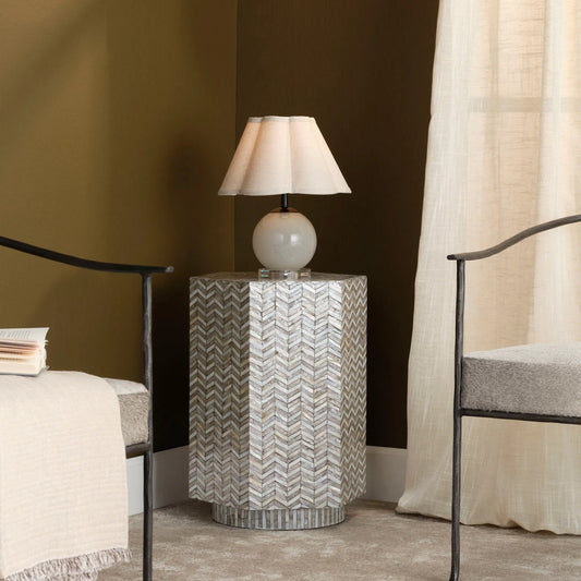 Brando Hexagon Side Table by Jamie Young in grey and mixed grey, white mother of pearl. Made from mother of pearl, acrylic, mdf in a unique style.