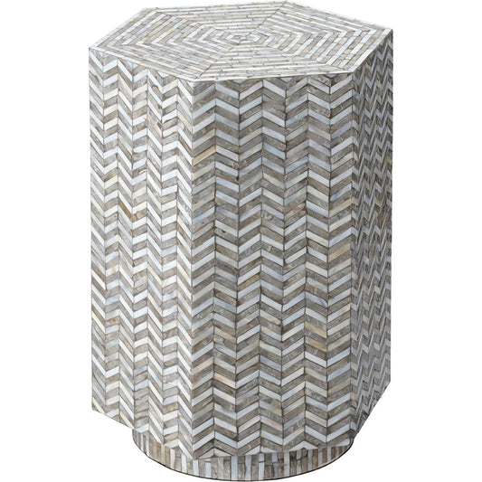 Brando Hexagon Side Table by Jamie Young in grey and mixed grey, white mother of pearl. Made from mother of pearl, acrylic, mdf in a unique style.