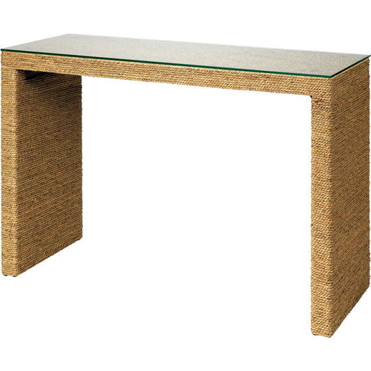 Captain Console Table by Jamie Young. Made from seagrass with tempered glass in a coastal style.