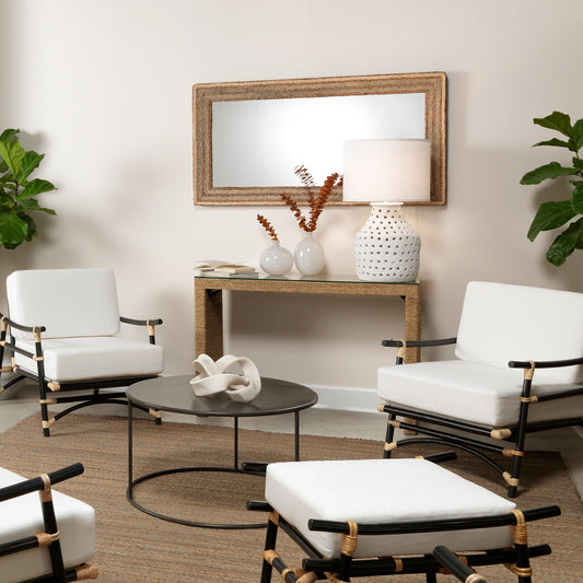 Captain Console Table by Jamie Young. Made from seagrass with tempered glass in a coastal style.