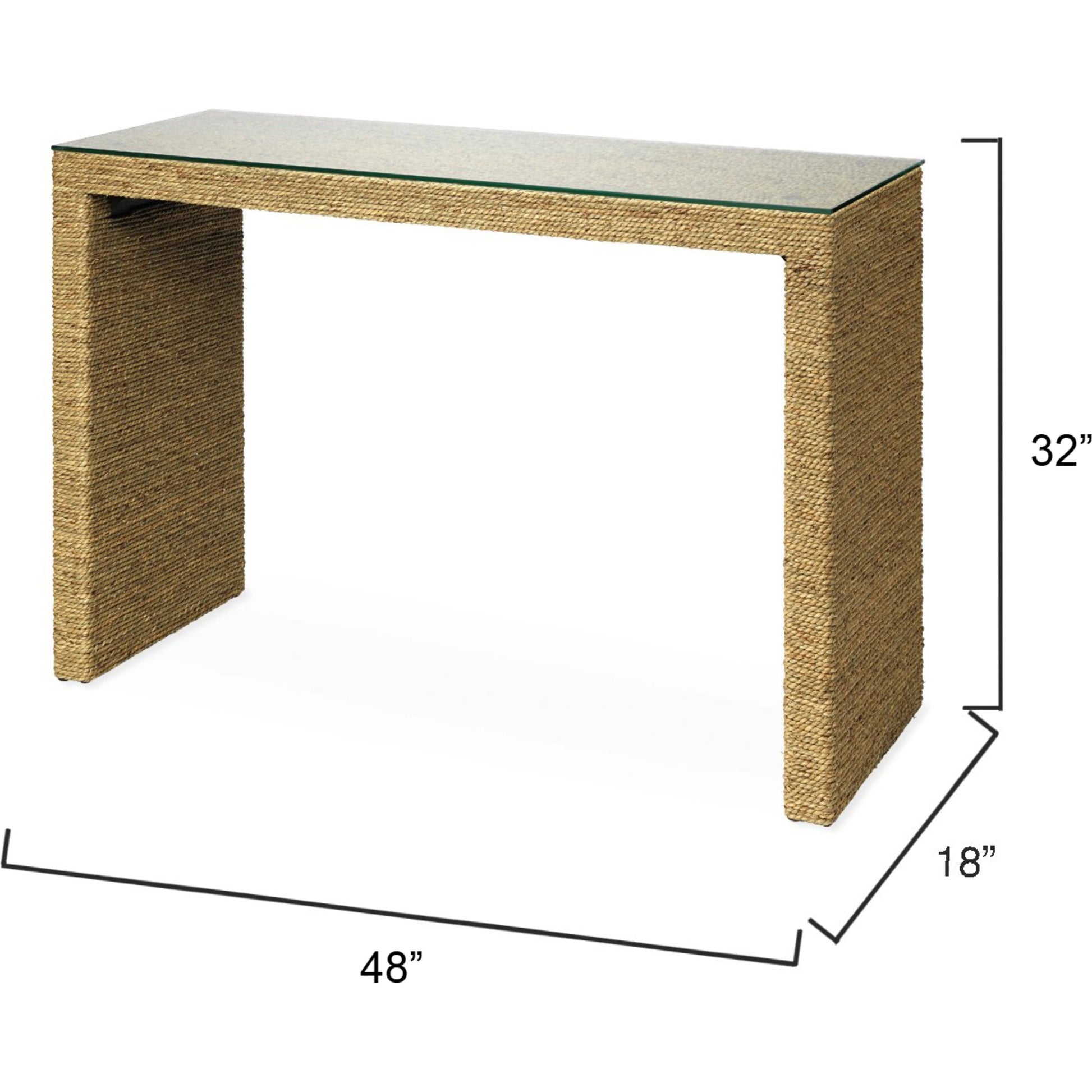 Captain Console Table by Jamie Young. Made from seagrass with tempered glass in a coastal style.