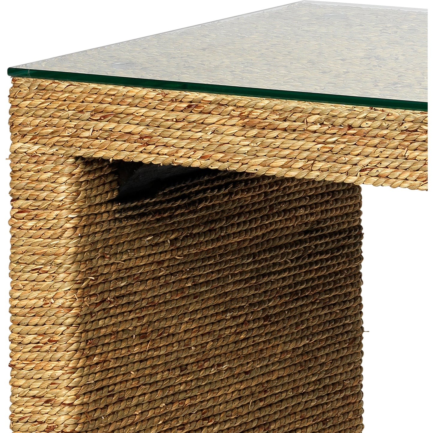 003 SR-912943 | Closeup | Captain Console Table by Jamie Young. Made from seagrass with tempered glass in a coastal style.