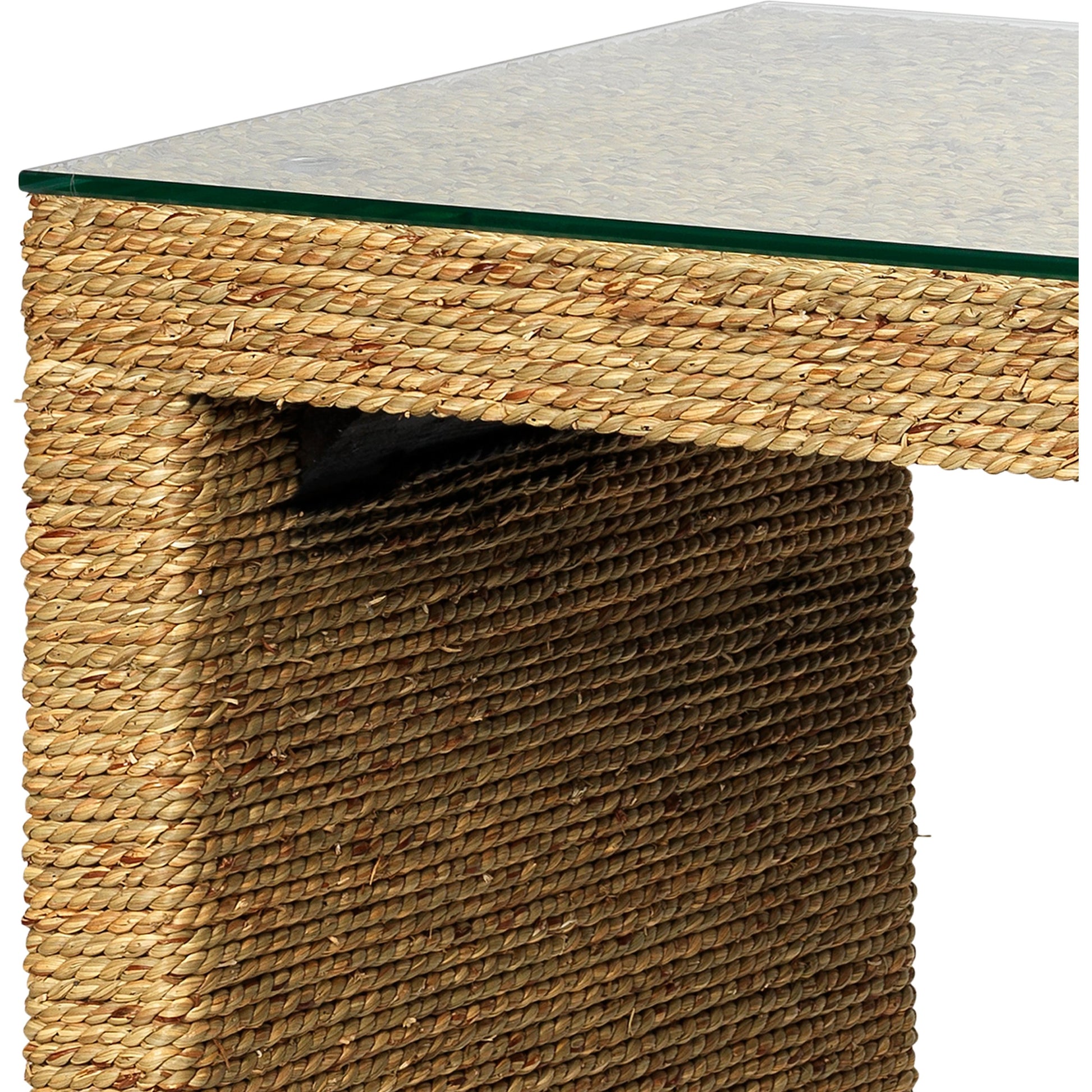 Captain Console Table by Jamie Young. Made from seagrass with tempered glass in a coastal style.