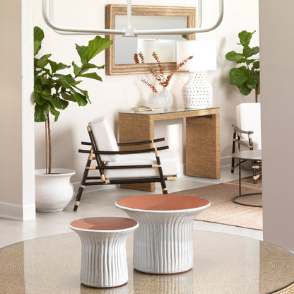 Captain Console Table by Jamie Young. Made from seagrass with tempered glass in a coastal style.