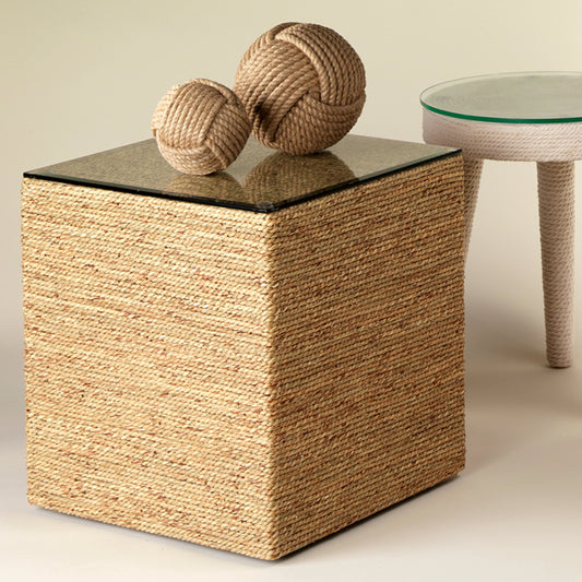 Captain Square Side Table by Jamie Young. Made from seagrass with tempered glass in a coastal style.