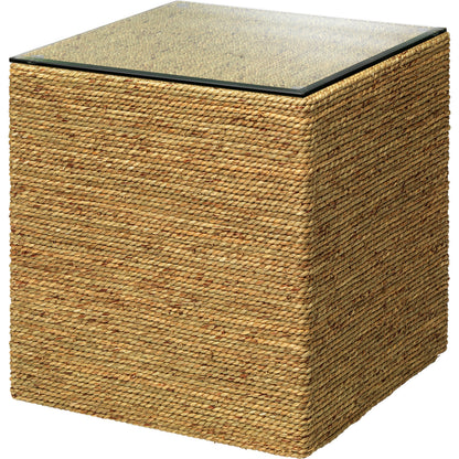 Captain Square Side Table by Jamie Young. Made from seagrass with tempered glass in a coastal style.