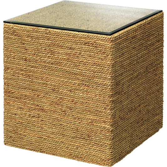Captain Square Side Table by Jamie Young. Made from seagrass with tempered glass in a coastal style.