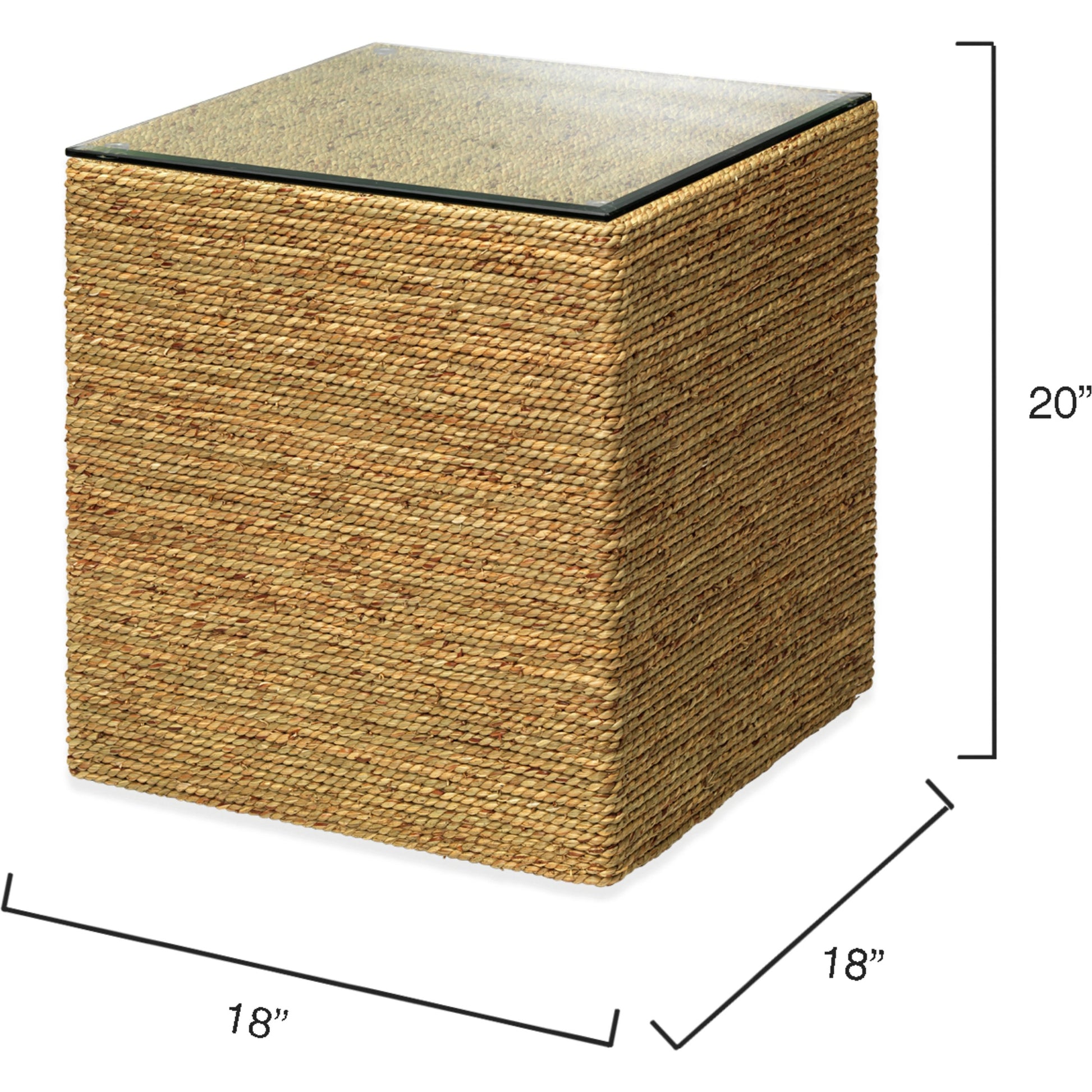 Captain Square Side Table by Jamie Young. Made from seagrass with tempered glass in a coastal style.