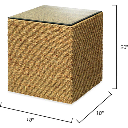 Captain Square Side Table by Jamie Young. Made from seagrass with tempered glass in a coastal style.