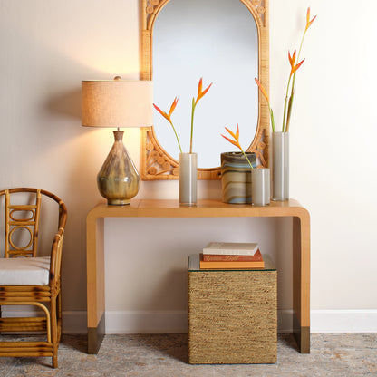Captain Square Side Table by Jamie Young. Made from seagrass with tempered glass in a coastal style.