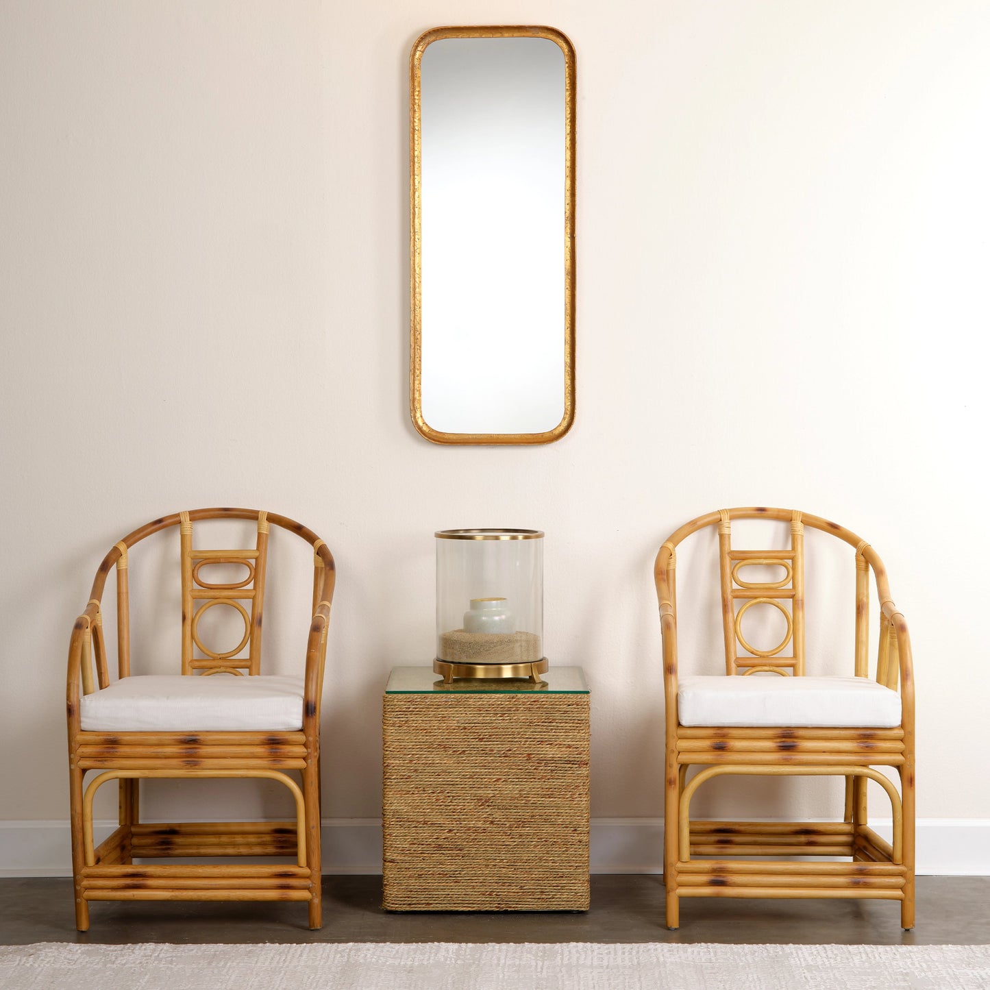 006 SR-912944 | Lifestyle | Captain Square Side Table by Jamie Young. Made from seagrass with tempered glass in a coastal style.