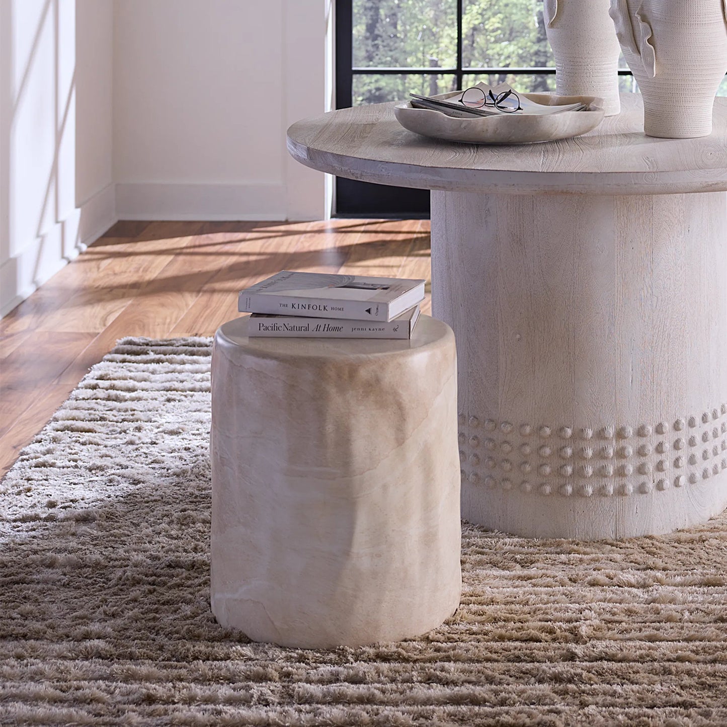 004 SI-2537686 | Lifestyle | Cedar Side Table by Jamie Young in faux travertine marble. Made from concrete in a unique style.
