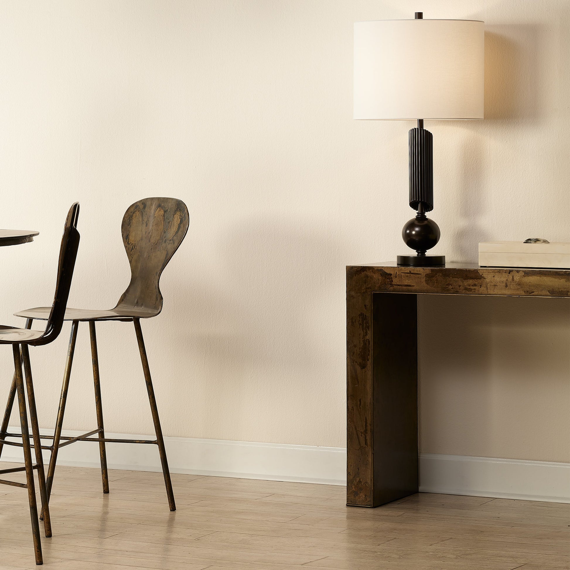 Charlemagne Console Table by Jamie Young in acid washed metal. Made from iron sheet in a eclectic & global style.