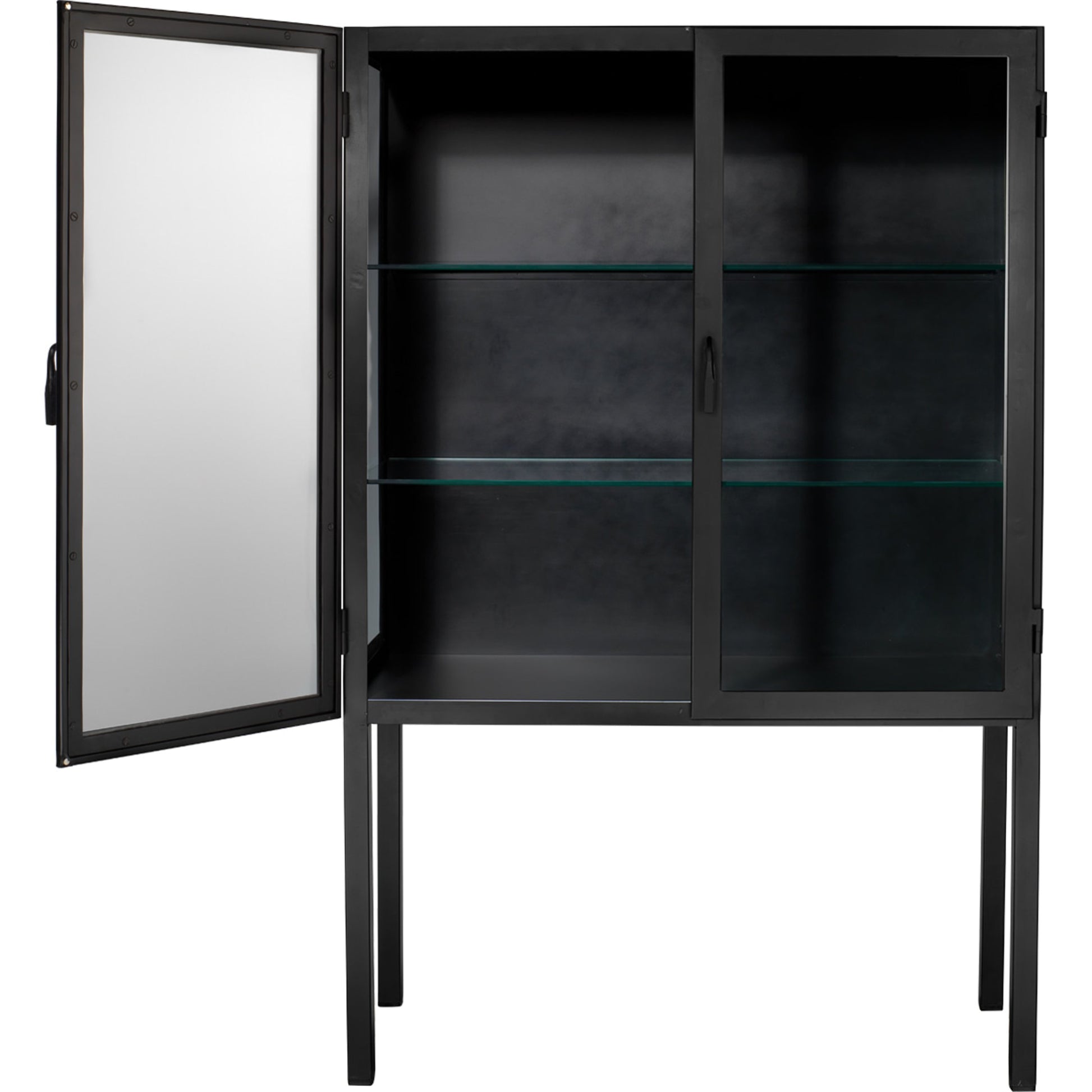 Chauncey Curio Bar Cabinet by Jamie Young in black iron, clear glass. Made from iron, glass in a modern style.