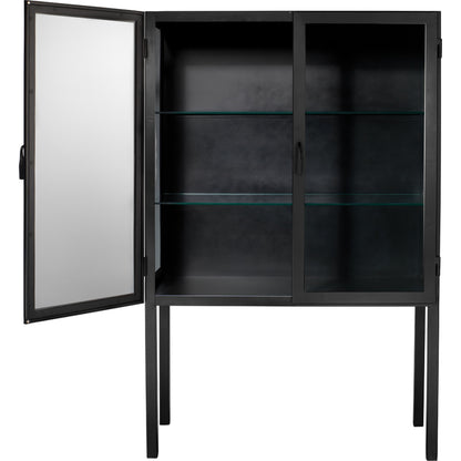 Chauncey Curio Bar Cabinet by Jamie Young in black iron, clear glass. Made from iron, glass in a modern style.