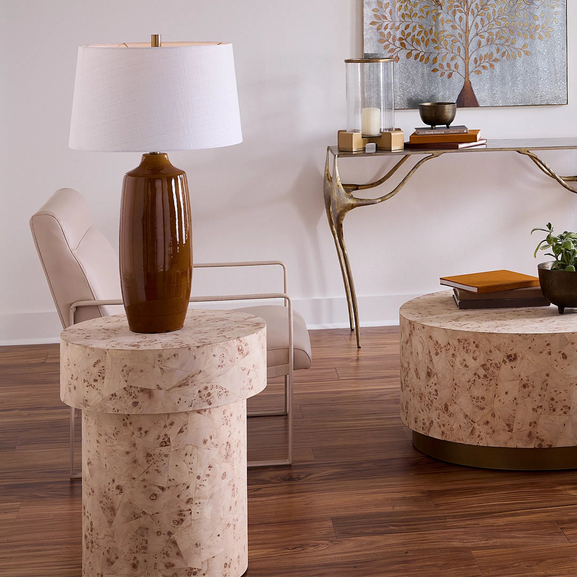Configuration Side Table by Jamie Young in cream and bleached burl veneer. Made from wood in a unique style.