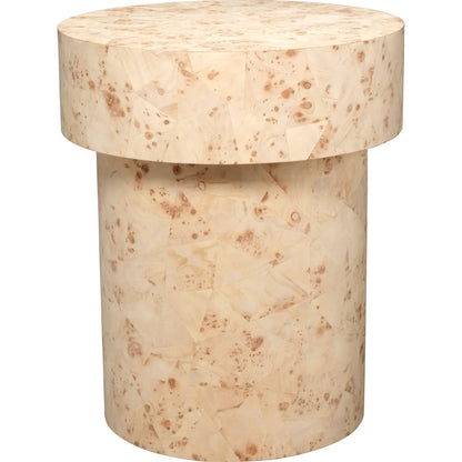 Configuration Side Table by Jamie Young in cream and bleached burl veneer. Made from wood in a unique style.