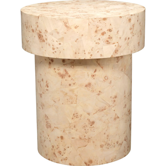 Configuration Side Table by Jamie Young in cream and bleached burl veneer. Made from wood in a unique style.