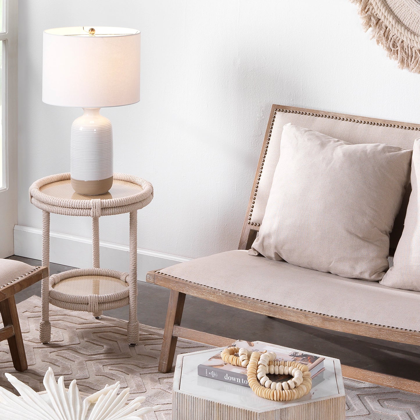 004 S-291904 | Lifestyle | Delta Side Table by Jamie Young in white rope. Made from rope in a coastal style.